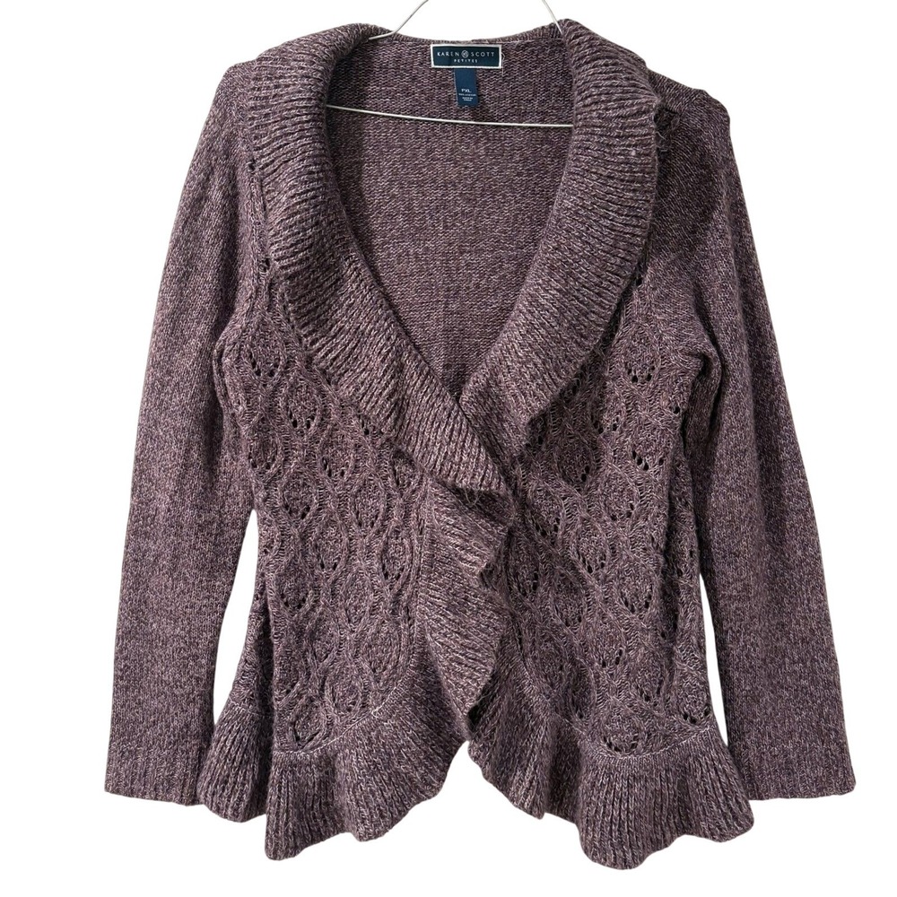 Karen Scott Womens Cardigan Purple Long Sleeve Open Knit Ruffle Size PXL - Picture 1 of 8